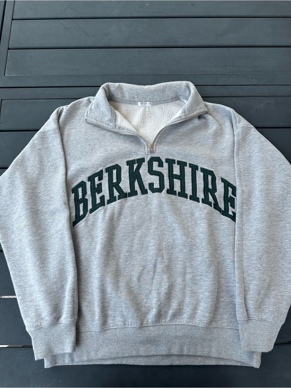 Ardene Gray Quarter-Zip Sweatshirt with Dark Green Lettering